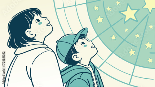 Two children, a girl and a boy, gazing upwards at a celestial map or constellation display with bright stars.