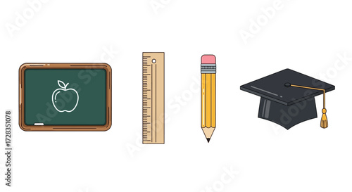 Vector Illustration of School Items like a Blackboard Ruler Pencil and Mortarboard in Flat Style
