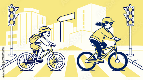 An illustration of a boy and a girl wearing helmets while riding their bicycles on a crosswalk in a city with traffic lights.