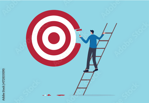 Purpose, set business goal or target, KPI, key performance indicator or set objective and achievement concept, ambitious businessman on ladder using paint roller to paint big dartboard, archery target