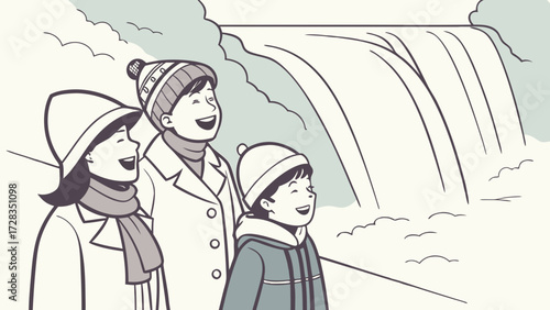 Three smiling people, bundled in winter attire, gaze at a cascading waterfall.