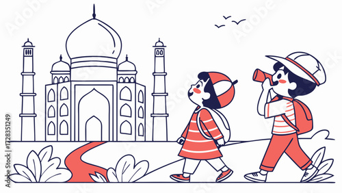 Two children exploring a grand monument, one looking through binoculars, enjoying a day of travel.