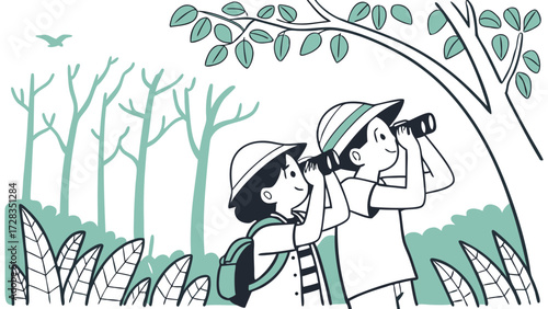 Two children, wearing hats and backpacks, explore the forest using binoculars, with trees and a bird in the background.