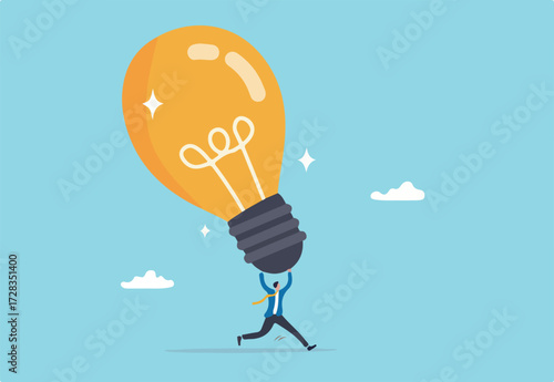 Big idea, creativity and innovation to change or invent new product, solution to solve problem, discover new idea concept, excited businessman carrying big lightbulb idea running to invent new product
