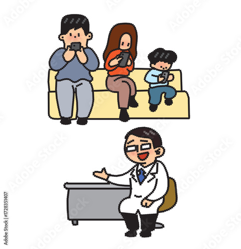 Vector cartoon illustration of people waiting in line to be called by the doctor.