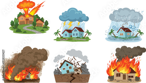 Natural disaster illustration set, cartoon houses affected by volcano, flood, fire, lightning, earthquake, vector emergency scenes, extreme weather damage