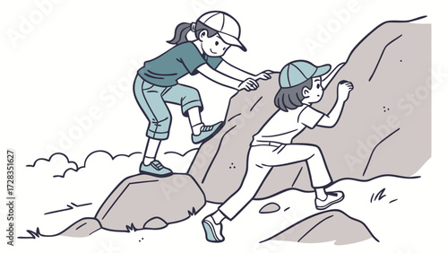 Two young women assisting each other while climbing a large rock formation outdoors, enjoying recreational activity.