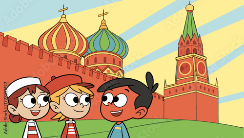 Three smiling cartoon children stand in front of a vibrant Russian landmark.