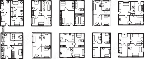 Vector art of collection of ten different house floor plans