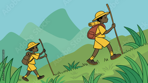 Two young adventurers ascend a grassy hill, carrying backpacks and walking sticks, exploring the mountains.