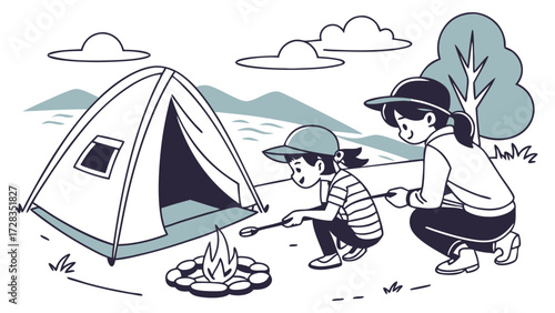 Two girls camping, roasting marshmallows over a campfire near a tent, with mountains and trees in the background.