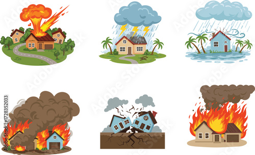 Natural and man-made disasters, cartoon houses damaged by fire, flood, explosion, earthquake, lightning, vector illustration, emergency scene, crisis impact