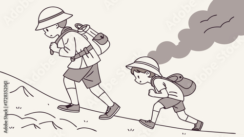 Two children hiking uphill, carrying backpacks, with a trail of smoke behind them.