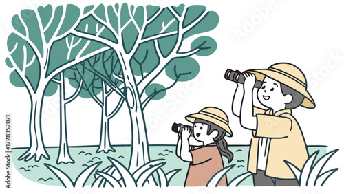 Two children, a boy and a girl, wearing hats, use binoculars to observe nature in a forest with tall trees.