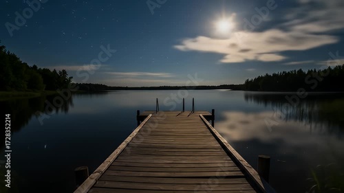 A pier stretches into calm water, illuminated by moonlight on a starry night