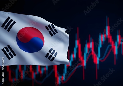 South korean flag waving over a stock market trading chart