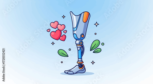 Cute Amputee Prosthetic Leg Vector Illustration with Pink Hearts and Green Leaves for Disability Awareness