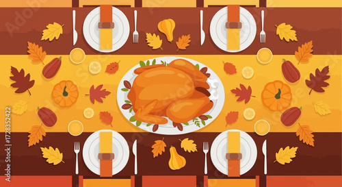 Vector Thanksgiving Illustration with Roasted Turkey Leaves Pumpkins Table Setting in Autumn Colors Holiday Dinner Design
