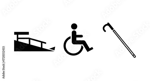 Icon Set Vector of Disability Access with Ramp Wheelchair and Cane in Minimalist Black Design