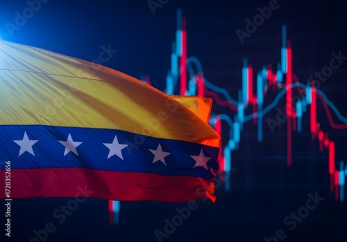 Venezuelan flag and stock market chart illustrating economic decline