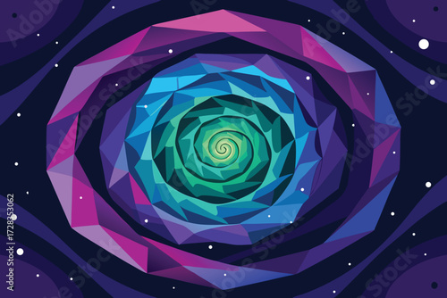 Abstract Geometric Spiral Galaxy with Vibrant Colors and Starry Background