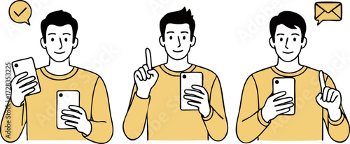 A set of three line art illustrations of a young man in a yellow shirt using a smartphone, pointing, and receiving notifications.