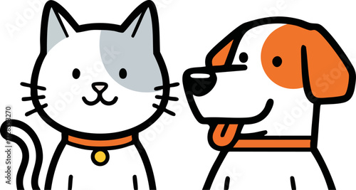 Adorable cartoon cat and dog duo, white and orange, bold outlines, happy expressions, wearing collars.