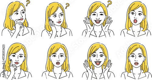 Blonde woman's emotional expressions set in a simple, hand-drawn line art style.