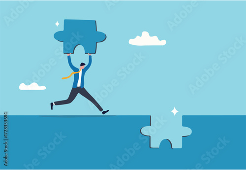 Complete jigsaw puzzle to solve business problem, solution or connection for business achievement, challenge and accomplishment concept, businessman complete last missing jigsaw puzzle piece.