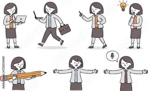 Cartoon Businesswoman in Various Poses, Expressing Different Emotions and Actions