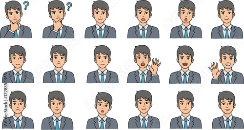 Cartoon Businessman with Various Facial Expressions and Poses