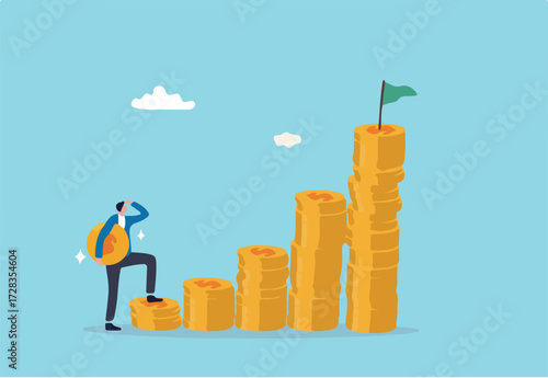 Start invest in stock market, begin savings to achieve financial goal, power of compound interest, collecting wealth, young adult office man carrying money coin start step on compound money stack.