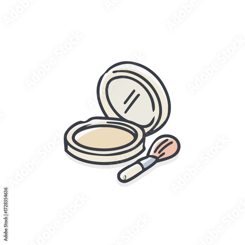 Simple Line Art Powder Compact with Brush Cosmetic Beauty Illustration