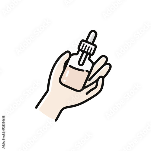 Outline Hand Drawn Hand Holding Dropper Bottle Skincare Product Illustration
