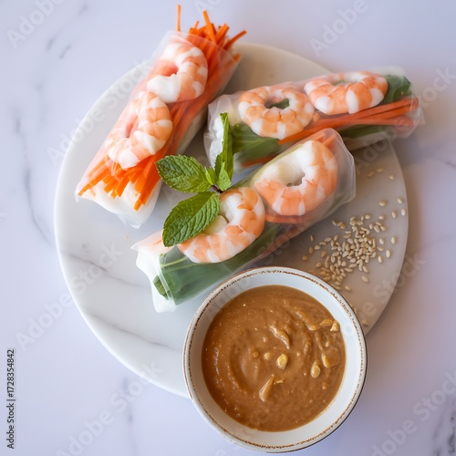 Fresh shrimp summer rolls with peanut dipping sauce overhead view