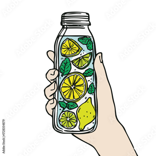 Hand Drawn Illustration of Hand Holding Lemonade Bottle with Lemon Slices