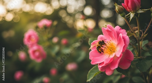 Pink rose and bee