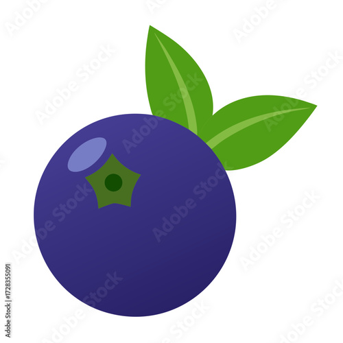 Simple flat design of a single blueberry with two green leaves