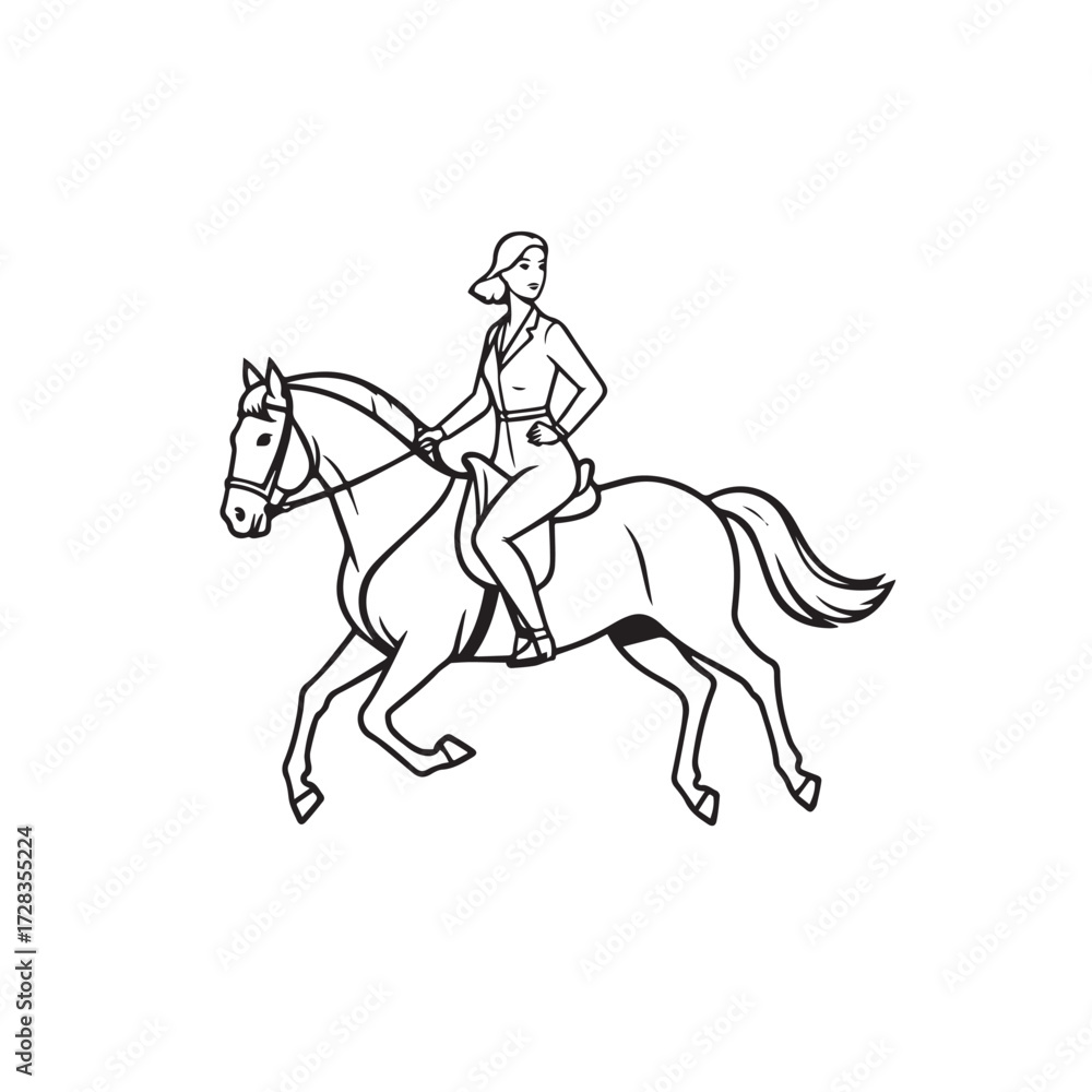 Obraz premium Black and white line art of a beautiful woman with perfect body riding horse elegant minimalist illustration