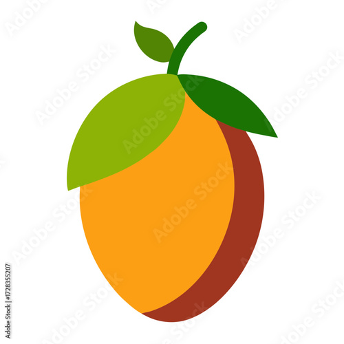 Stylized orange fruit with green leaves and stem