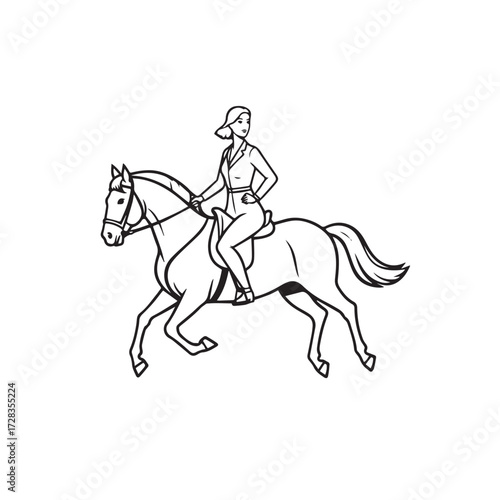 Black and white line art of a beautiful woman with perfect body riding horse elegant minimalist illustration