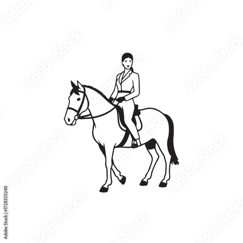 Black and white line art of a beautiful woman with perfect body riding horse elegant minimalist illustration