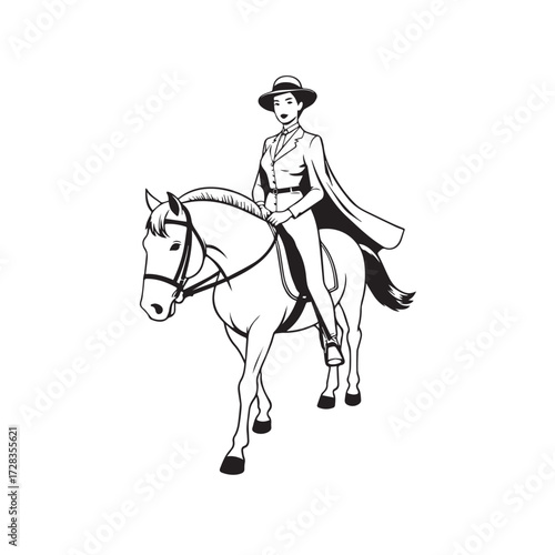 Black and white line art of a beautiful woman with perfect body riding horse elegant minimalist illustration