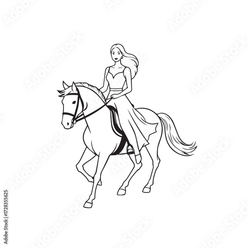 Black and white line art of a beautiful woman with perfect body riding horse elegant minimalist illustration