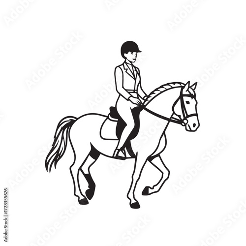 Black and white line art of a beautiful woman with perfect body riding horse elegant minimalist illustration