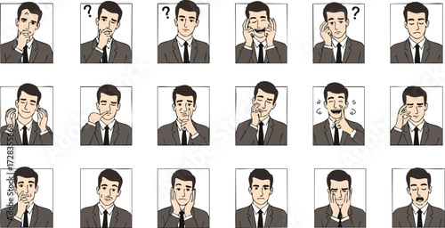 Cartoon Man Expressing Various Emotions and Gestures in Business Attire