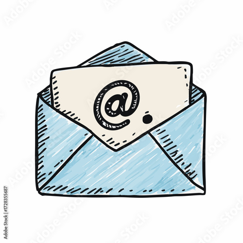 Handdrawn Sketch Style Envelope with At Sign on Card Illustration