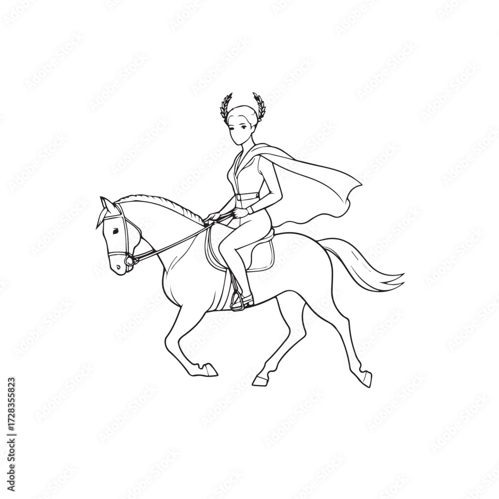 Obraz premium Black and white line art of a beautiful woman with perfect body riding horse elegant minimalist illustration