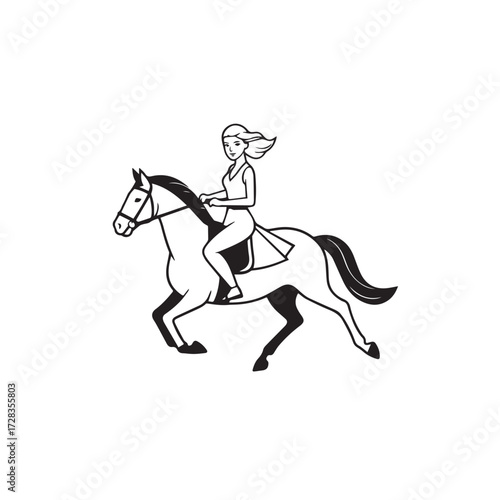 Black and white line art of a beautiful woman with perfect body riding horse elegant minimalist illustration