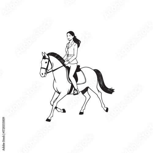 Black and white line art of a beautiful woman with perfect body riding horse elegant minimalist illustration